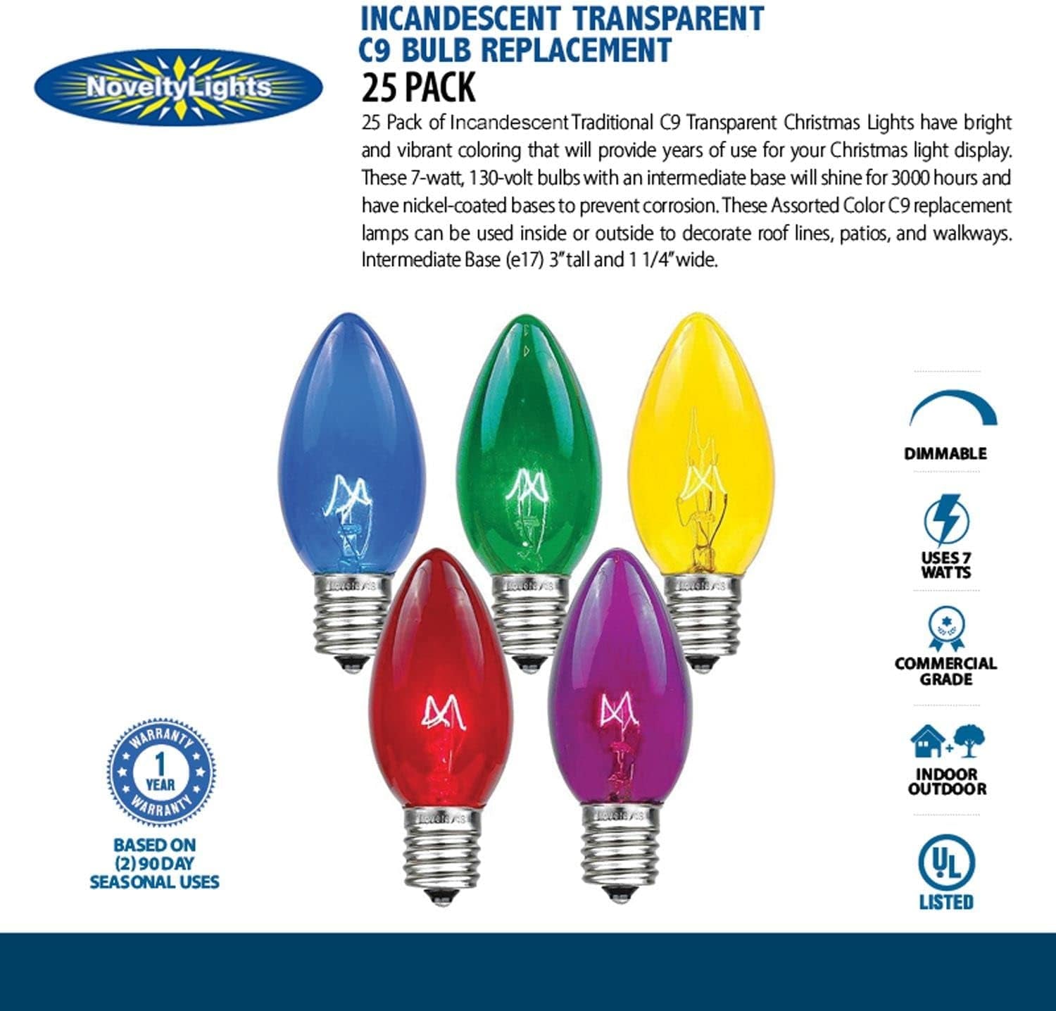Incandescent Christmas Replacement Bulbs - Indoor/Outdoor Individual Bulbs for Christmas Tree, Display, & More - C9/E17 Intermediate Base, 7 Watt Lights (Clear, 25 Pack)