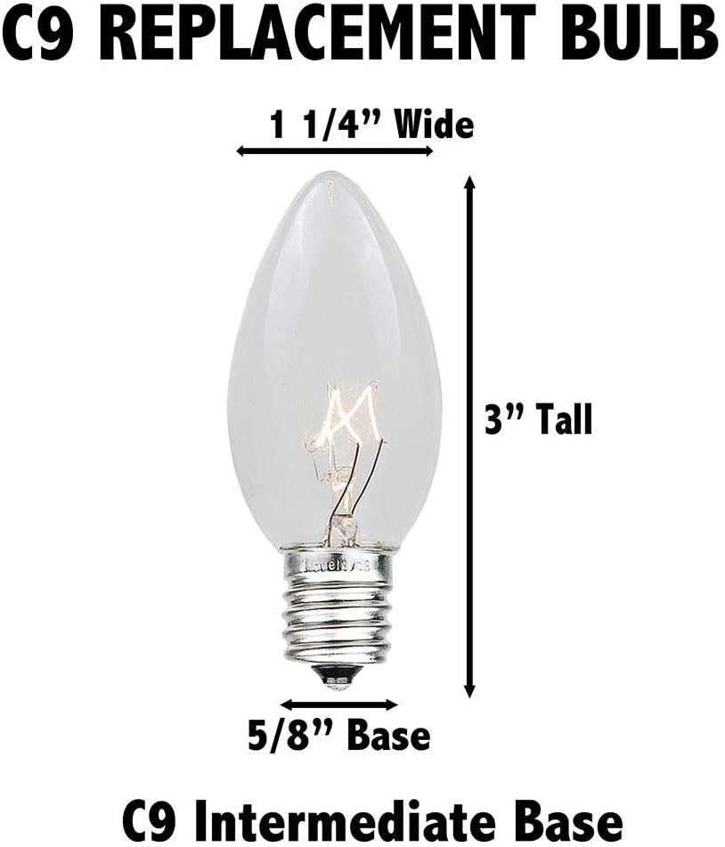Incandescent Christmas Replacement Bulbs - Indoor/Outdoor Individual Bulbs for Christmas Tree, Display, & More - C9/E17 Intermediate Base, 7 Watt Lights (Clear, 25 Pack)
