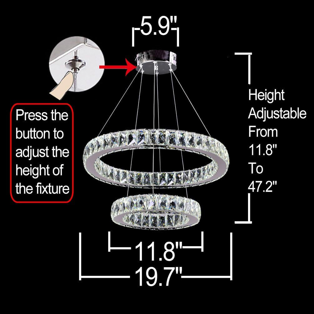 Modern Crystal Chandelier Lighting Ceiling Light Fixture LED Contemporary Adjustable Stainless Steel 2 Rings Chandeliers Lights D19.7+11.8" (Big Crystal)