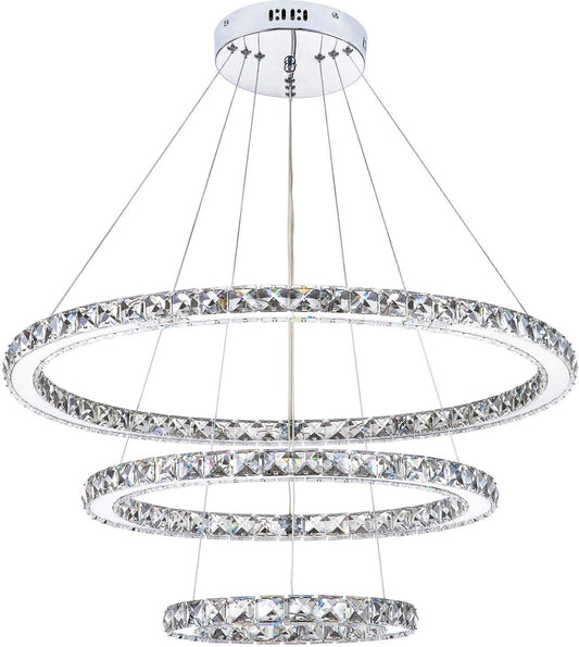 KROSON Crystal Chandelier Modern Led Chandelier Dining Room and Bedroom Chandelier Foyer Lighting Adjustable Ceiling Pendant Lighting Cool White 3 Rings Chandeliers