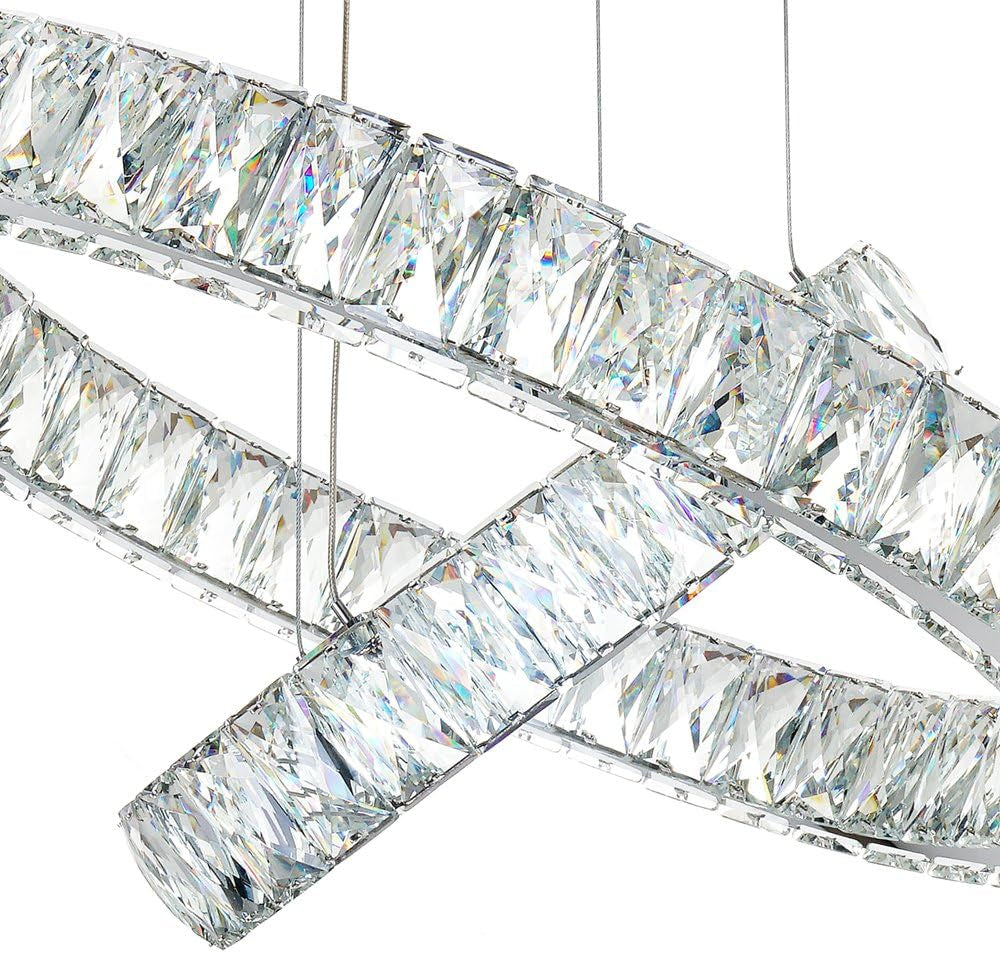 Modern Crystal Chandelier Lighting Ceiling Light Fixture LED Contemporary Adjustable Stainless Steel 2 Rings Chandeliers Lights D19.7+11.8" (Big Crystal)