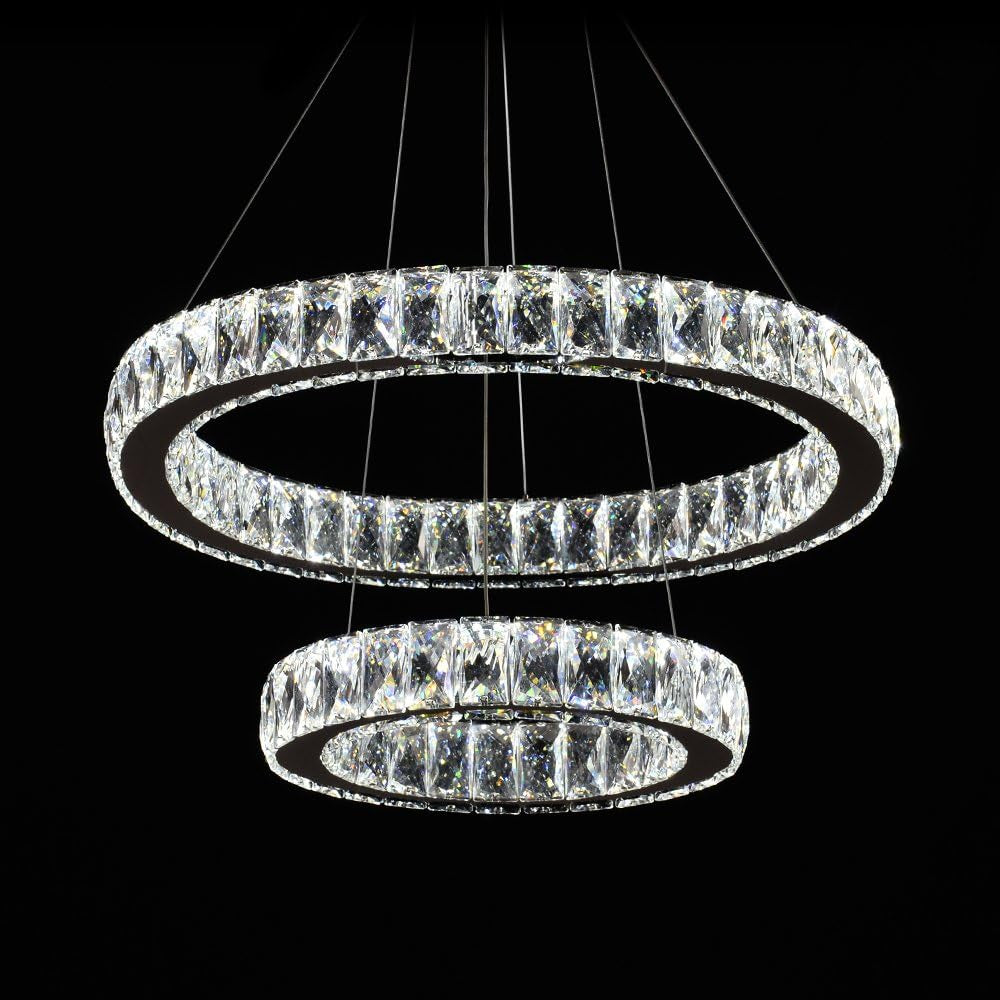 Modern Crystal Chandelier Lighting Ceiling Light Fixture LED Contemporary Adjustable Stainless Steel 2 Rings Chandeliers Lights D19.7+11.8" (Big Crystal)