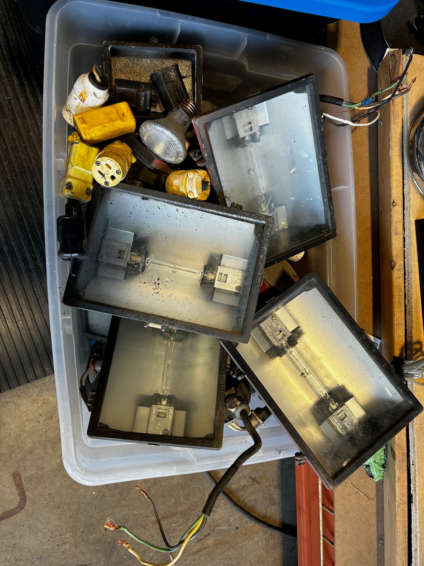 Bin with Halogen heads plus boxes and plugs
