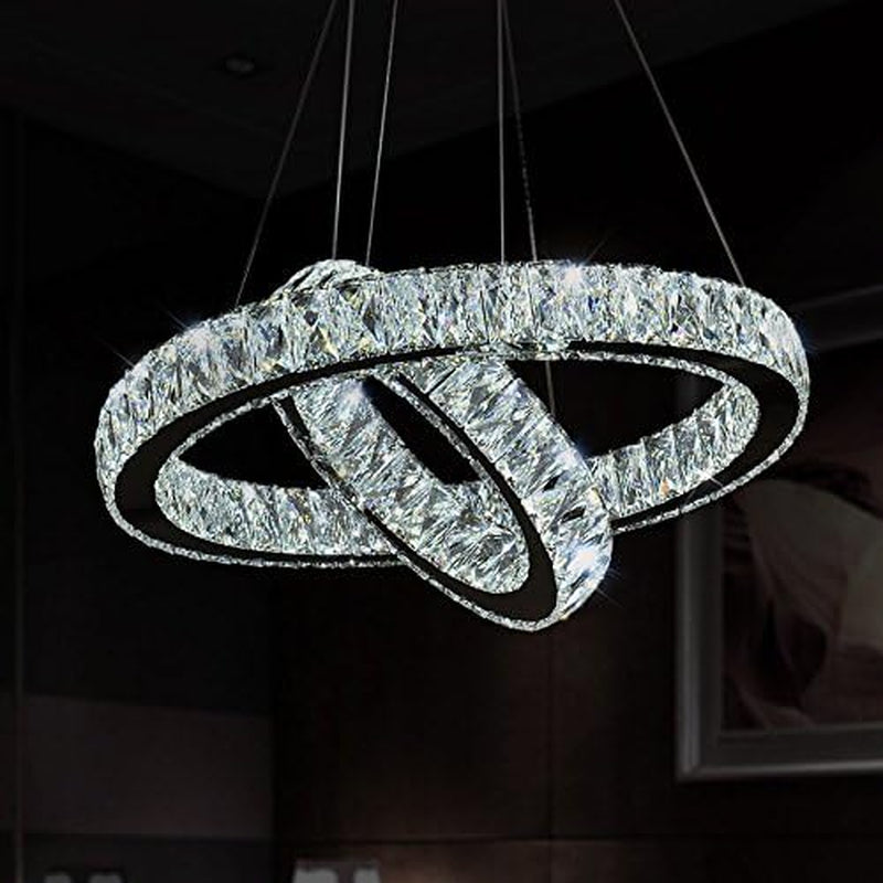 Modern Crystal Chandelier Lighting Ceiling Light Fixture LED Contemporary Adjustable Stainless Steel 2 Rings Chandeliers Lights D19.7+11.8" (Big Crystal)